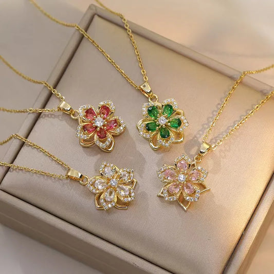 Shiny Zircon Romantic Flower Pendant Necklace For Women Gold Plated Rotatable Flowers Choker Girls Wedding Party Luxury Jewelry
